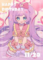 Rule 34 | 1girl, :d, ahoge, balloon, blush, bow, collared dress, confetti, dress, frilled thighhighs, frills, gloves, green eyes, hair bow, happy birthday, highres, idol clothes, kneeling, long hair, looking at viewer, manaka laala, marueri, open mouth, pink bow, pink dress, pink thighhighs, pretty series, pripara, purple hair, short sleeves, smile, solo, thighhighs, twintails, v arms, very long hair, white gloves