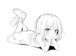 Rule 34 | 1girl, bad id, bad twitter id, blush, child, full body, greyscale, hands on own cheeks, hands on own face, healthyman, highres, looking at viewer, lying, monochrome, on stomach, simple background, solo, white background