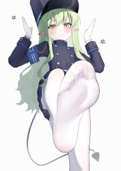 Rule 34 | 1girl, absurdres, anger vein, armband, black hat, black jacket, blue archive, blue armband, blush, buttons, commentary request, crane666, demon tail, double-breasted, feet, foot focus, gloves, green hair, hands up, hat, highres, hikari (blue archive), jacket, leg up, long hair, long sleeves, looking at viewer, miniskirt, pantyhose, peaked cap, pleated skirt, pointy ears, presenting foot, sidelocks, simple background, skirt, soles, solo, standing, standing on one leg, tail, toes, white background, white gloves, white pantyhose, yellow eyes
