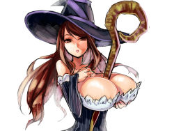 Rule 34 | 1girl, absurdres, between breasts, breasts, cleavage, detached sleeves, dragon&#039;s crown, hanasaki mahiru, hat, highres, huge breasts, long hair, looking at viewer, red eyes, red hair, sexually suggestive, simple background, solo, sorceress (dragon&#039;s crown), staff, white background, witch hat