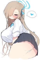 Rule 34 | 1girl, absurdres, artist name, ass, asuna (blue archive), black skirt, blue archive, blue bow, blue bowtie, blue eyes, blush, bow, bowtie, breasts, brown hair, hair ribbon, halo, heart, highres, large breasts, long hair, looking at viewer, mg pong, panties, pleated skirt, ribbon, shirt, simple background, skirt, smile, solo, spoken heart, thighs, underwear, white background, white panties, white shirt