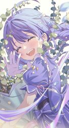 Rule 34 | 1girl, ^ ^, absurdres, ahoge, blue bow, blue dress, blue hair, blush, bouquet, bow, braid, closed eyes, commentary, dress, dress bow, facing viewer, flower, from side, gloves, highres, holding, holding bouquet, long hair, low twin braids, momomoi momoi, nijisanji, open mouth, puffy short sleeves, puffy sleeves, short sleeves, smile, solo, tearing up, teeth, twin braids, upper teeth only, virtual youtuber, waving, white gloves, yuuki chihiro, yuuki chihiro (1st costume)