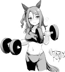Rule 34 | 2girls, animal ears, bare shoulders, blush, bow, breasts, breath, chibi, chibi inset, closed mouth, cropped legs, dumbbell, exercising, frown, greyscale, groin, hair bow, haru urara (umamusume), horse ears, horse girl, horse tail, king halo (umamusume), long hair, medium breasts, midriff, monochrome, multiple girls, navel, one side up, pants, sports bra, sweat, sweatpants, tail, tenten (chan4545), umamusume, weightlifting