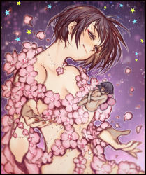 Rule 34 | 2girls, black hair, breasts, brown nails, cherry blossoms, cleavage, fairy, flower, gradient background, jewelry, multiple girls, necklace, original, outline, petals, pink flower, purple background, short hair, star (symbol), upper body, white outline, yumeko (yumeyana g)