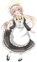 Rule 34 | 1girl, alternate costume, apron, black dress, black footwear, blue archive, blush, bow, brown eyes, brown hair, center frills, collared dress, commentary request, dress, enmaided, flying sweatdrops, frilled apron, frilled dress, frills, full body, hair between eyes, halo, head tilt, hifumi (blue archive), high heels, highres, juliet sleeves, long hair, long sleeves, low twintails, maid, maid apron, maid headdress, open mouth, pantyhose, partial commentary, puffy sleeves, shoes, short eyebrows, sills, simple background, solo, standing, thick eyebrows, twintails, very long hair, white apron, white background, white pantyhose, yellow bow