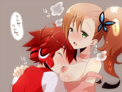 Rule 34 | 1boy, 1girl, bad id, bad pixiv id, blush, breasts, breath, brown hair, butterfly hair ornament, choker, chousoku henkei gyrozetter, closed eyes, grey background, hair ornament, hanamsky, inaba rinne, licking, nipples, open mouth, red hair, short hair, side ponytail, simple background, todoroki kakeru, tongue, tongue out, translation request