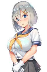 Rule 34 | 1girl, black skirt, blue eyes, blush, bra visible through clothes, breasts, collarbone, fumikiri, gloves, hair between eyes, hair ornament, hairclip, hamakaze (kancolle), highres, kantai collection, large breasts, looking at viewer, parted lips, pleated skirt, sailor collar, school uniform, serafuku, shirt, short hair, short sleeves, silver hair, simple background, skirt, solo, tight shirt, upper body, white background, white gloves