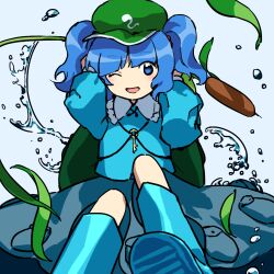 Rule 34 | 1girl, blue eyes, blue footwear, blue hair, blue shirt, blue skirt, boots, cattail, collared shirt, commentary request, flat chest, frilled shirt collar, frills, green hat, hair bobbles, hair ornament, hat, jewelry, kaigen 1025, kawashiro nitori, key, key necklace, looking at viewer, necklace, no nose, one eye closed, open mouth, plant, shirt, short twintails, sitting, skirt, smile, solo, splashing, touhou, twintails