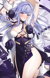 Rule 34 | 1girl, absurdres, armpits, arms up, azur lane, bare shoulders, bed sheet, blush, breasts, cleavage, commentary request, criss-cross halter, dido (anxious bisque doll) (azur lane), dido (azur lane), disembodied hand, dress, gloves, hairband, halter dress, halterneck, hand in another&#039;s hair, hand on another&#039;s cheek, hand on another&#039;s face, headband, highres, holding another&#039;s arm, large breasts, long dress, lying, on back, purple dress, purple eyes, purple hairband, purple headband, thighs, white gloves, xretakex