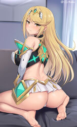 Rule 34 | 1girl, adapted costume, armor, armpit crease, ass, bare shoulders, barefoot, blonde hair, breasts, closed mouth, commentary, couch, crop top, drop earrings, earrings, elbow gloves, english commentary, feet, from behind, gloves, highres, indoors, jewelry, large breasts, legs, long hair, microskirt, mythra (xenoblade), namu (112namu), on couch, panties, pleated skirt, sitting, skirt, soles, solo, swept bangs, tiara, toe scrunch, toenails, toes, twitter username, underwear, wariza, white gloves, white panties, white skirt, xenoblade chronicles (series), xenoblade chronicles 2, yellow eyes