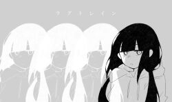 Rule 34 | 1girl, :o, black hair, blunt bangs, expressionless, gomi53maru, grey background, hood, hood down, hoodie, inabakumori, lag train (vocaloid), looking at viewer, low twintails, monochrome, open mouth, osage (nukunuku nigirimeshi), recurring image, simple background, solo, song name, translated, twintails