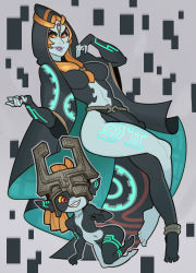 Rule 34 | 1girl, barefoot, breasts, cape, colored sclera, colored skin, dual persona, helmet, highres, medium breasts, midna, midna (true), multicolored skin, navel, nintendo, red eyes, shirt, simple background, splashbrush, the legend of zelda, the legend of zelda: twilight princess, white shirt, yellow sclera