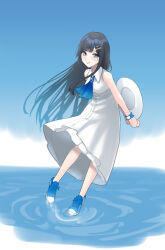 Rule 34 | 1girl, absurdres, arms behind back, black hair, blue background, blue eyes, blue footwear, blue ribbon, blush, brooch, cevio, collared dress, dress, floating hair, full body, futaba minato, gradient neck ribbon, grin, hair ornament, hairclip, hat, highres, holding, holding behind back, holding clothes, holding hat, jewelry, leaning forward, looking at viewer, nankawa rota, neck ribbon, ribbon, ripples, shoes, sleeveless, sleeveless dress, smile, sneakers, solo, standing, standing on liquid, watch, water, white dress, wristwatch