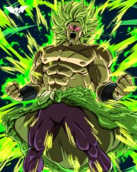 Rule 34 | 1boy, abs, absurdres, angry, aura, bare shoulders, batm andrew, broly (dragon ball super), clenched hand, dragon ball, dragon ball super, dragon ball super broly, energy, fur trim, green hair, highres, legendary super saiyan, long hair, male focus, nipples, no pupils, open mouth, pants, pectorals, pink eyes, scar, scar on chest, shouting, solo, spiked hair, super saiyan, teeth, topless male