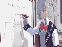 Rule 34 | 1girl, blazer, board, bow, bowtie, cevio, classroom, commentary, double bun, grey hair, grey sweater, hair bun, hair ornament, hairclip, hand up, highres, holding, holding marker, indoors, jacket, kabuyama kaigi, koharu rikka, marker, no lineart, pink bow, pink bowtie, pink eyes, scribble, short hair, sidelighting, sketch, solo, standing, sweater, synthesizer v, whiteboard, writing