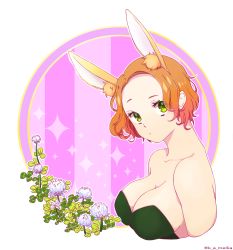 Rule 34 | 1girl, animal ears, bad id, bad pixiv id, bare arms, bare shoulders, breasts, rabbit ears, cleavage, clover, clover (flower), extra ears, female focus, flower, from side, green eyes, highres, k.mellia, large breasts, looking at viewer, neck, orange hair, original, outline, rabbit girl, short hair, solo, sparkle, strapless, striped, striped background, upper body, vertical stripes