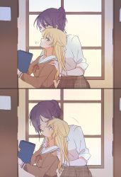 Rule 34 | 2girls, puff of air, bang dream!, blonde hair, blush, book, bookshelf, commentary request, dated commentary, closed eyes, from side, hanasakigawa school uniform, hand on another&#039;s shoulder, highres, holding, holding book, kiss, kissing cheek, library, looking at another, looking to the side, multiple girls, purple hair, school uniform, seri (vyrlw), seta kaoru, shirasagi chisato, standing, window, yuri