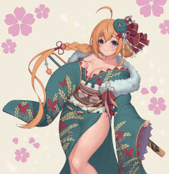 Rule 34 | 1girl, ahoge, animal print, baeg mi, bare legs, bare shoulders, blonde hair, blue eyes, blush, bow, braid, breasts, butterfly print, cleavage, closed mouth, collarbone, dango hair ornament, feet out of frame, flower, food-themed hair ornament, frills, green kimono, hair bow, hair bun, hair flower, hair ornament, hand on own chest, highres, japanese clothes, kimono, large breasts, long hair, long sleeves, obi, off shoulder, onigiri ornament, pecorine (new year) (princess connect!), pecorine (princess connect!), petals, princess connect!, print kimono, red bow, red flower, sash, side bun, single braid, single hair bun, single side bun, smile, solo, standing, tassel, very long hair, white flower, wide sleeves, yellow background