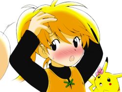 Rule 34 | 1girl, bad id, bad pixiv id, black eyes, blonde hair, blush, chuchu (pokemon), creatures (company), embarrassed, flower, game freak, gen 1 pokemon, hair flower, hair ornament, nintendo, pikachu, pokemon, pokemon (creature), pokemon adventures, ponytail, sweatdrop, yagitori, yellow (pokemon)