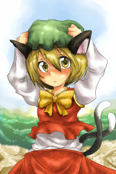 Rule 34 | 1girl, animal ears, blonde hair, bow, bowtie, cat ears, cat girl, cat tail, chen, chen (cosplay), cosplay, face, female focus, harusame (unmei no ikasumi), hat, lunasa prismriver, multiple tails, short hair, solo, tail, touhou