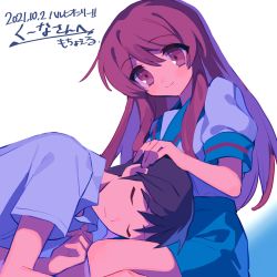Rule 34 | 1boy, 1girl, asahina mikuru, blue background, blue sailor collar, blue skirt, blush, brown eyes, brown hair, closed eyes, closed mouth, commentary request, commission, dated, eyes visible through hair, gradient background, hair between eyes, hand on another&#039;s head, hetero, highres, kita high school uniform, kyon, long hair, looking at another, mochoeru, sailor collar, school uniform, serafuku, short hair, short sleeves, sketch, skirt, sleeping, sleeping on person, smile, suzumiya haruhi no yuuutsu, translation request, white background