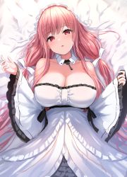Rule 34 | 1girl, :o, azur lane, bare shoulders, bed sheet, bow, breasts, cleavage, collarbone, commentary request, detached collar, dress, frilled hairband, frilled sleeves, frills, from above, hair bow, hairband, hands up, head tilt, highres, key, large breasts, long hair, long sleeves, looking at viewer, lying, manda (manda9n), off-shoulder dress, off shoulder, on back, on bed, perseus (azur lane), pink eyes, pink hair, ribbon, sidelocks, sleeves past wrists, solo, twintails, white bow, white dress, white ribbon, wide sleeves