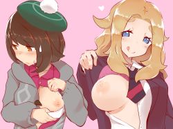 Rule 34 | 2girls, blonde hair, blue eyes, blush, bob cut, bra, breast envy, breasts, breasts out, brown eyes, brown hair, cardigan, closed mouth, creatures (company), dress, embarrassed, exhibitionism, eyebrows, game freak, gloria (pokemon), green headwear, grey cardigan, hat, heart, jacket, large breasts, lass (pokemon), long hair, long sleeves, looking at viewer, looking away, matching hair/eyes, medium breasts, mhydrate, multiple girls, necktie, nintendo, nipples, one breast out, open clothes, open jacket, open shirt, pink background, pink dress, pokemon, pokemon swsh, public indecency, school uniform, shirt, short hair, simple background, small breasts, smile, sweatdrop, sweater, tam o&#039; shanter, tongue, tongue out, underwear, upper body