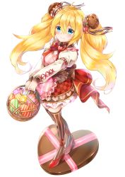 Rule 34 | 1girl, apron, basket, blonde hair, blue eyes, bow, box, brown thighhighs, candy, checkered clothes, checkered skirt, chocolate, chocolate heart, clothing cutout, commentary request, food, food-themed hair ornament, frilled apron, frills, full body, gift, gift box, hair between eyes, hair ornament, heart, heart-shaped box, heart cutout, high heels, highres, holding, holding basket, juliet sleeves, long hair, long sleeves, muffin, netamaru, original, pink apron, polka dot, puffy sleeves, red bow, red footwear, red skirt, shirt, shoes, simple background, skirt, sleeves past wrists, solo, standing, striped apron, striped clothes, striped thighhighs, thighhighs, twintails, valentine, vertical-striped apron, vertical-striped clothes, vertical-striped thighhighs, white background, white shirt
