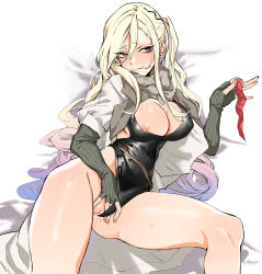 Rule 34 | 1girl, a-91 (girls frontine), ass, banssee, belt, blonde hair, blush, breasts, brown eyes, cleavage, clothing aside, condom, condom packet strip, condom wrapper, eyelashes, fingerless gloves, girls&#039; frontline, gloves, hair between eyes, highres, large breasts, leotard, leotard aside, long hair, lying, mole, mole under eye, nipple slip, nipples, on side, pussy, smile, solo, sweat, uncensored, very long hair