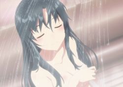 Rule 34 | 1girl, arifureta shokugyou de sekai saikyou, breasts, covering privates, covering breasts, closed eyes, highres, large breasts, long hair, nude, shirasaki kaori, shower, smile, solo, stitched, third-party edit, upper body
