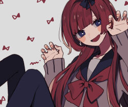 Rule 34 | 1girl, blush stickers, bow, bowtie, claw pose, earrings, highres, jewelry, knees up, long hair, long sleeves, looking at viewer, maco22, nail polish, open mouth, original, pantyhose, purple eyes, red hair, school uniform, serafuku, smile, solo, sweater