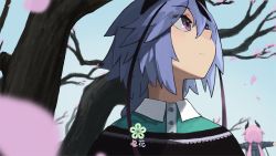 Rule 34 | 2others, absurdres, blue hair, blurry, blurry background, blurry foreground, branch, cherry blossoms, commentary, day, depth of field, expressionless, falling petals, from behind, from below, highres, horns, kagari-lunatic, long hair, looking away, looking up, meika hime, meika mikoto, multiple others, other focus, outdoors, outstretched arms, petals, pink eyes, pink hair, tree, twintails, vocaloid