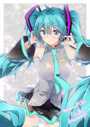 Rule 34 | 1girl, absurdly long hair, absurdres, anniversary, aqua eyes, aqua hair, aqua necktie, artist name, artist request, black skirt, blue eyes, blue hair, closed mouth, commentary request, detached sleeves, female focus, halkawa501, hatsune miku, headset, highres, long hair, looking at viewer, necktie, simple background, skirt, smile, solo, thighhighs, twintails, very long hair, vocaloid, white background, zettai ryouiki