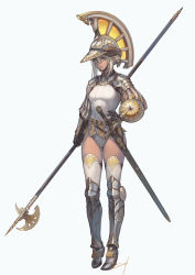 Rule 34 | 1girl, armor, belt, black gloves, blonde hair, closed mouth, gloves, greaves, green eyes, grey background, hair between eyes, hand on own hip, helmet, high heels, highres, holding, holding polearm, holding weapon, leotard, nishiki areku, original, pauldrons, polearm, puffy sleeves, scabbard, sheath, sheathed, shield, shoulder armor, signature, simple background, solo, standing, sword, vambraces, weapon, white legwear, white leotard