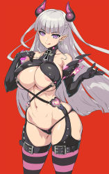 Rule 34 | 1girl, alternate breast size, black gloves, black panties, breasts, demon girl, demon horns, earrings, gloves, highres, horns, huge breasts, jewelry, licking lips, long hair, naruse maria, navel, ookuma nekosuke, panties, purple eyes, red background, shinmai maou no testament, silver hair, simple background, striped clothes, striped thighhighs, thighhighs, thighs, tongue, tongue out, underwear