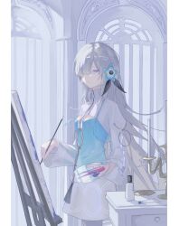 Rule 34 | 1girl, :/, arch, ay4 la, blue dress, blue flower, candlestand, canvas (object), closed mouth, column, cowboy shot, dress, easel, expressionless, flower, from side, gradient dress, grey eyes, grey hair, hair flower, hair ornament, hair over one eye, highres, holding, holding paintbrush, holding palette, indoors, isekai joucho, kamitsubaki studio, long hair, long sleeves, looking at viewer, nemophila (flower), one eye covered, paintbrush, palette (object), pillar, sidelocks, solo, straight hair, table, white dress, white shrug