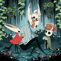 Rule 34 | arizuka (catacombe), bouquet, broken vessel (hollow knight), cloak, flower, highres, holding, holding bouquet, holding flower, hollow eyes, hollow knight, hollow knight (character), hornet (hollow knight), horns, knight (hollow knight), looking at another, nature, no humans, red flower, simple background, sitting, standing, weapon