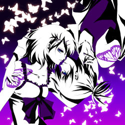 Rule 34 | 1boy, 1girl, bad id, bad pixiv id, blue eyes, brother and sister, bug, butterfly, butterfly wings, gradient background, hetero, high contrast, incest, insect, insect wings, kagamine len, kagamine rin, melou, migikata no chou (vocaloid), monochrome, purple background, purple theme, short hair, siblings, spot color, tattoo, twincest, twins, vocaloid, wings