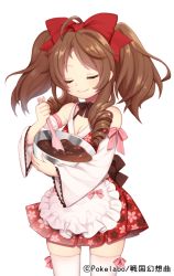 Rule 34 | 1girl, apron, bad id, bad pixiv id, baking, blush, bow, brown hair, byulzzi, chocolate, detached sleeves, dress, closed eyes, long hair, long sleeves, mixing bowl, official art, red dress, sengoku gensoukyoku, smile, solo, spatula, thighhighs, twintails, watermark, white background, white thighhighs