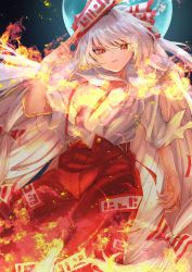 Rule 34 | 1girl, baggy pants, bow, burning, collared shirt, commentary, embers, fire, fujiwara no mokou, full moon, hair between eyes, hand up, hat, hat bow, highres, holding, injury, long hair, looking at viewer, moon, multicolored bow, night, night sky, ofuda, ofuda on clothes, open clothes, open fly, open shirt, pants, red bow, red eyes, shirt, short sleeves, sky, sleeves rolled up, solo, tadano1129, torn sleeve, touhou, unbuttoned, unbuttoned shirt, very long hair, white bow, white hair, white shirt