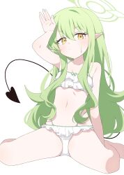 Rule 34 | 1girl, absurdres, bare arms, bare legs, bare shoulders, barefoot, bikini, black tail, blue archive, blush, breasts, closed mouth, demon tail, earrings, frilled bikini, frills, green hair, green halo, hagoonha, halo, highres, hikari (blue archive), jewelry, long hair, looking at viewer, pointy ears, single earring, small breasts, solo, swimsuit, tail, white bikini, yellow eyes