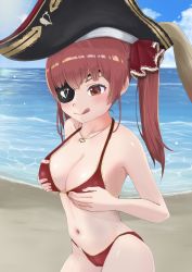 Rule 34 | 1girl, 5%, :q, bare shoulders, bicorne, bikini, black hat, blush, breast hold, breasts, cleavage, eyepatch, gold trim, hair ribbon, halterneck, hat, heart, heart necklace, highres, hololive, houshou marine, houshou marine (summer), jewelry, large breasts, long hair, looking at viewer, navel, necklace, pirate, red bikini, red eyes, red hair, red ribbon, ribbon, smile, solo, string bikini, swimsuit, thighs, tongue, tongue out, twintails, virtual youtuber