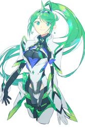 Rule 34 | 1girl, armor, blush, bodysuit, breasts, closed mouth, clothes writing, earrings, faulds, fujie-yz, gem, hairband, highres, jewelry, large breasts, long hair, nintendo, pneuma (xenoblade), ponytail, shoulder armor, sidelocks, simple background, skin tight, smile, solo, spoilers, standing, swept bangs, thigh gap, tiara, white background, xenoblade chronicles (series), xenoblade chronicles 2