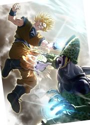 Rule 34 | 2boys, blonde hair, blue eyes, boots, cell (dragon ball), clenched hand, clenched teeth, commentary request, dirty, dirty arm, dirty face, dragon ball, dragonball z, energy ball, eye contact, fighting, glowing, highres, korean commentary, looking at another, male focus, motion blur, multiple boys, open mouth, orange pants, pants, perfect cell, sash, son goku, soy chicken, spiked hair, super saiyan, teeth, wristband