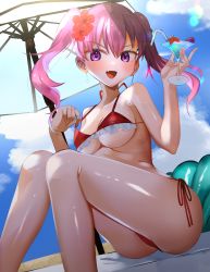 Rule 34 | 1girl, absurdres, alternate costume, bare shoulders, beach, bikini, blue hair, breasts, chil0107, collarbone, commission, earrings, fire emblem, fire emblem: the blazing blade, flower, hair flower, hair ornament, highres, jewelry, legs, looking at viewer, nintendo, open mouth, outdoors, parasol, pink eyes, pink hair, pixiv commission, red bikini, serra (fire emblem), sitting, solo, swimsuit, thighs, twintails, umbrella