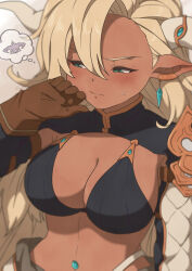 Rule 34 | 1girl, almeida (granblue fantasy), asymmetrical bangs, bikini, black bikini, blonde hair, blurry, breasts, brown gloves, cleavage, commentary request, dark-skinned female, dark skin, depth of field, draph, earrings, embarrassed, gem, gloves, granblue fantasy, green eyes, hand up, highres, horns, jewelry, large breasts, looking to the side, mifuta, navel, pointy ears, shrug (clothing), signature, solo, sweatdrop, swimsuit, thought bubble, upper body, v-shaped eyebrows, vaseraga, watermark