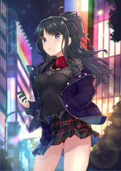 Rule 34 | 1girl, ahoge, belt, black hair, black panties, black shirt, black skirt, blue eyes, blurry, blurry background, breasts, building, cityscape, cowboy shot, depth of field, half updo, hand in pocket, headphones, headphones around neck, highres, holding, holding phone, idolmaster, idolmaster shiny colors, jacket, kazano hiori, lamppost, ldfe mk2, lens flare, long hair, long sleeves, looking at viewer, medium breasts, miniskirt, mole, mole under mouth, night, night sky, off shoulder, open clothes, open jacket, outdoors, panties, pantyshot, parted lips, phone, plaid, plaid skirt, pleated skirt, purple jacket, shirt, sidelocks, skirt, sky, solo, standing, star (sky), starry sky, thighs, tree, underwear
