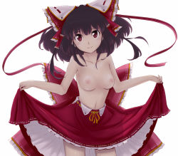 Rule 34 | 1girl, bow, breasts, brown eyes, brown hair, clothes lift, collarbone, colorized, dress, dress lift, female focus, gustav (telomere na), hair bow, hakurei reimu, highres, navel, nipples, simple background, skirt, skirt lift, solo, topless, touhou