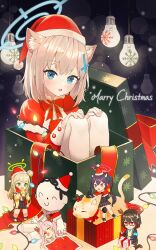Rule 34 | 1boy, 5girls, absurdres, ahoge, animal, animal ears, ayane (blue archive), blonde hair, blue archive, blue eyes, blush, box, capelet, cat, cat ears, cat girl, character request, check character, chibi, christmas, christmas lights, cross hair ornament, doodle sensei (blue archive), fake antlers, fur-trimmed capelet, fur trim, gift, gift box, glasses, green eyes, hair bun, hair ornament, halo, hands on own knees, hat, highres, hoshino (blue archive), in box, in container, knees up, light bulb, long hair, looking at viewer, merry christmas, mini person, minigirl, multiple girls, nonomi (blue archive), open mouth, pink eyes, pink hair, plaid, plaid skirt, prock, purple hair, red-framed eyewear, red eyes, santa hat, sensei (blue archive), serika (blue archive), shiroko (blue archive), short hair, single hair bun, sitting, skirt, sleeping, smile, snowflakes, twintails