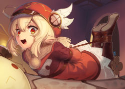 Rule 34 | 1girl, :d, ahoge, bloomers, blurry, boots, bound, brown footwear, brown gloves, brown scarf, cabbie hat, clover print, coat, commentary request, depth of field, genshin impact, gloves, hair between eyes, hat, hat feather, hat ornament, highres, jumpy dumpty, kaddo, klee (genshin impact), knee boots, kneehighs, light brown hair, long hair, long sleeves, looking at viewer, lying, on stomach, open mouth, orange eyes, pocket, red coat, red hat, restrained, scarf, sidelocks, smile, socks, solo, tied up, underwear